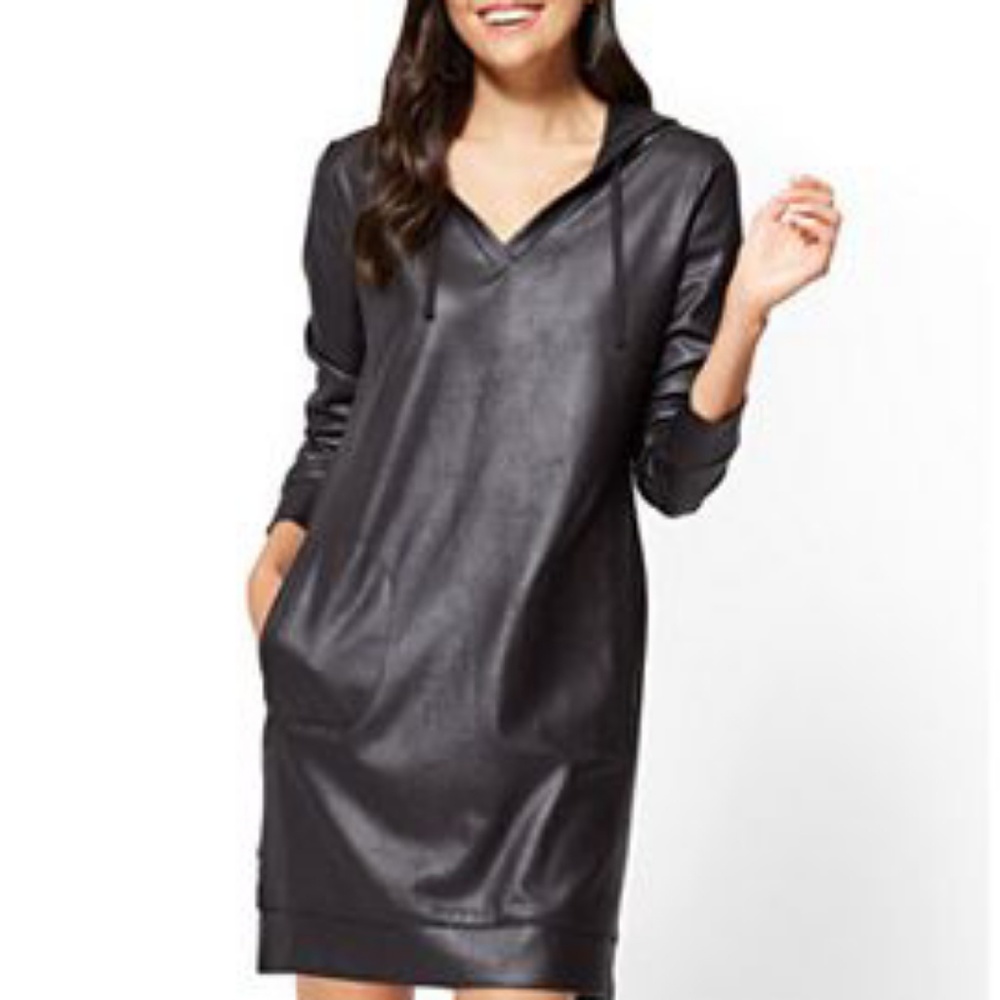 Black faux leather hoodie dress